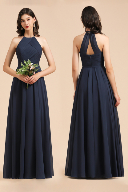 Halter Chiffon Long Bridesmaid Dress Sleeveless Pleated Wedding Guest Dress-27Dress.co.uk