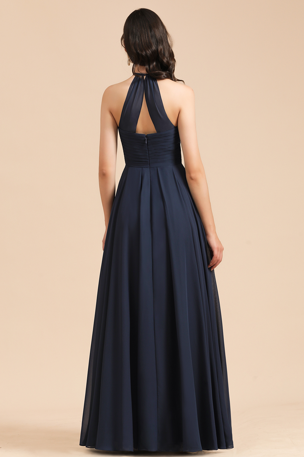 Halter Chiffon Long Bridesmaid Dress Sleeveless Pleated Wedding Guest Dress-27Dress.co.uk