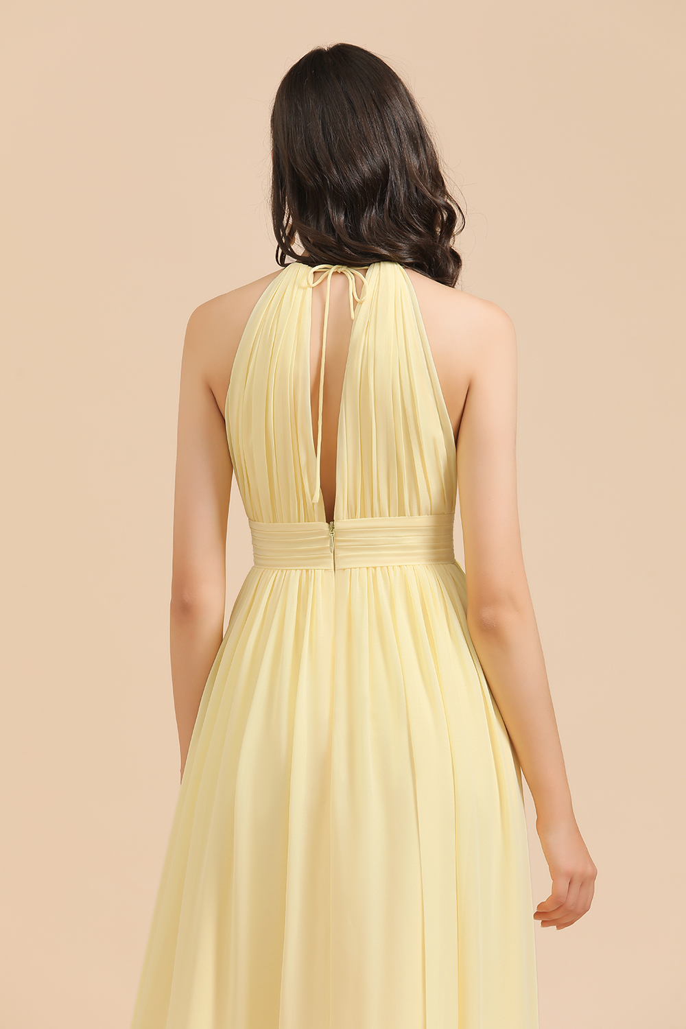 Halter Pleated Chiffon Daffodil Bridesmaid Dress Side Slit Long Wedding Party Dress-27Dress.co.uk
