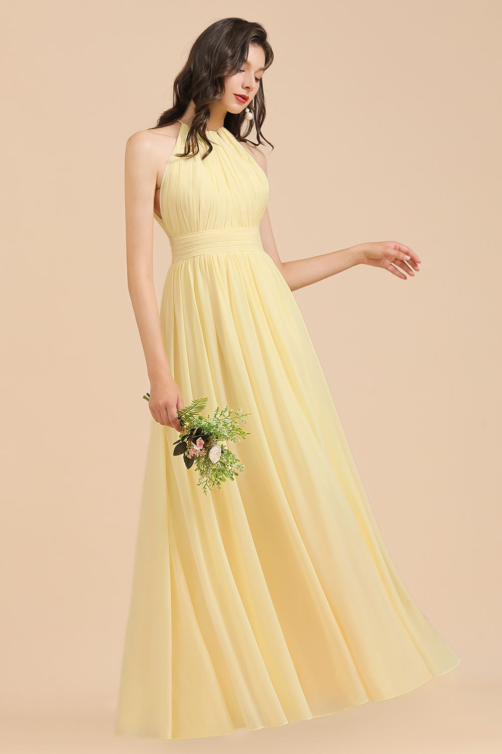 Halter Pleated Chiffon Daffodil Bridesmaid Dress Side Slit Long Wedding Party Dress-27Dress.co.uk