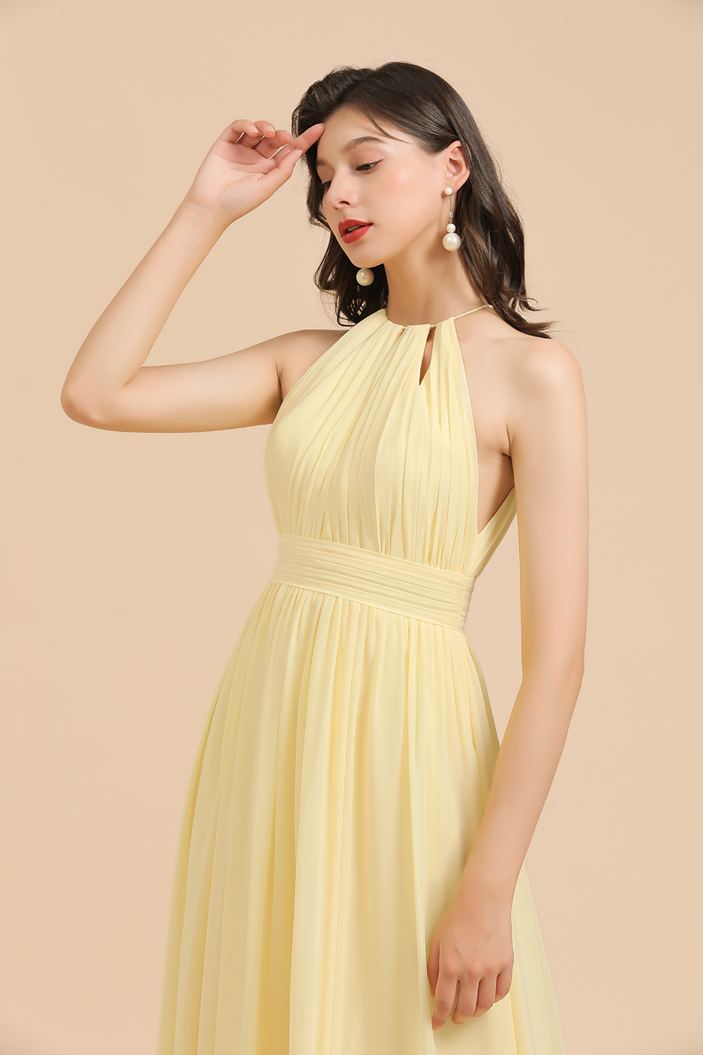 Halter Pleated Chiffon Daffodil Bridesmaid Dress Side Slit Long Wedding Party Dress-27Dress.co.uk