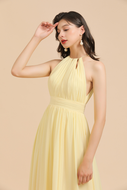 Halter Pleated Chiffon Daffodil Bridesmaid Dress Side Slit Long Wedding Party Dress-27Dress.co.uk