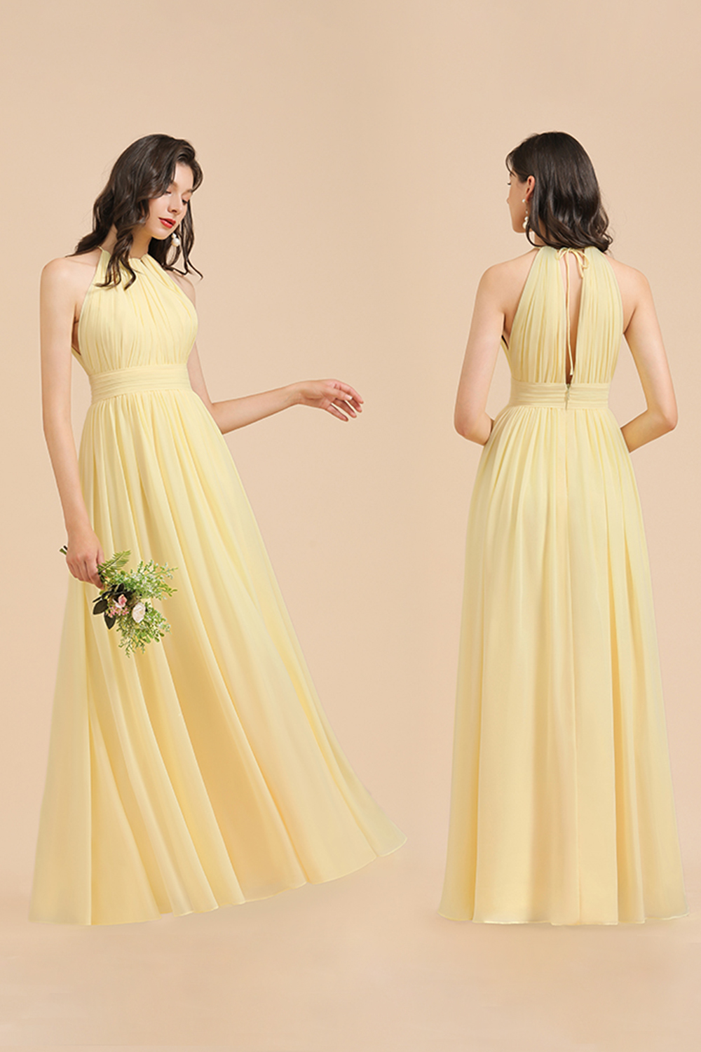 Halter Pleated Chiffon Daffodil Bridesmaid Dress Side Slit Long Wedding Party Dress-27Dress.co.uk