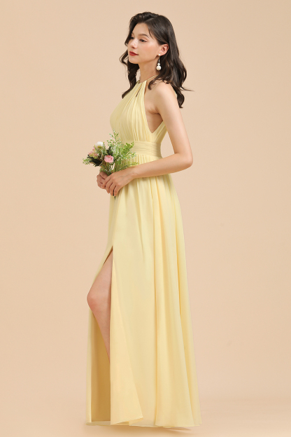 Halter Pleated Chiffon Daffodil Bridesmaid Dress Side Slit Long Wedding Party Dress-27Dress.co.uk