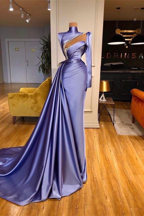 High Neck Long Sleeves Satin Beaded Long Mermaid Prom Dress