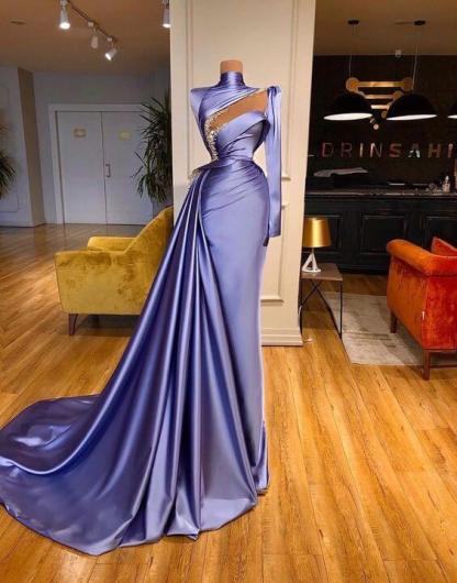 High Neck Long Sleeves Satin Beaded Long Mermaid Prom Dress