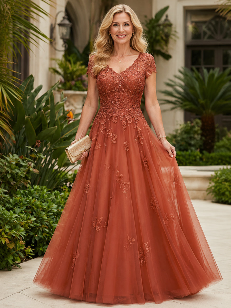 V Neck Tulle A-Line Long Mother of the Bride Dress with Appliques