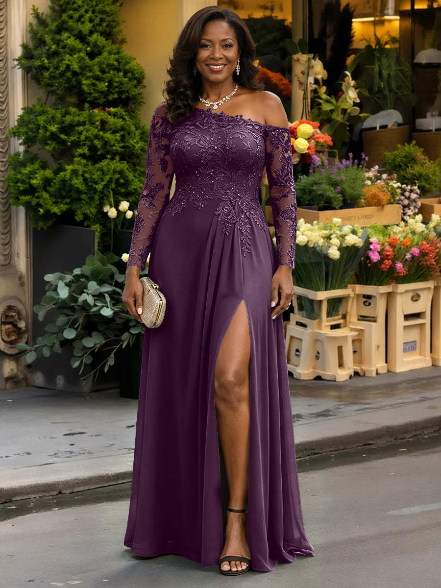 One Shoulder Long Sleeves Mother of the Bride Dresses with Lace Applique
