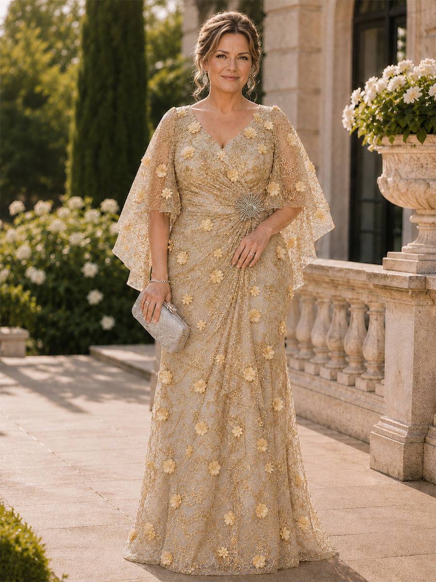 V-Neck Tulle Long Plus Size Mermaid Mother of the Bride Dress with 3D Flowers