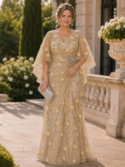 V-Neck Tulle Long Plus Size Mermaid Mother of the Bride Dress with 3D Flowers