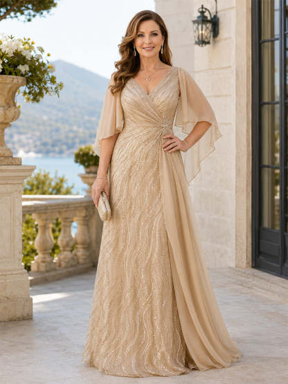 V-Neck Short Sleeves Sequins Beaded A-Line Long Mother of the Bride Dress