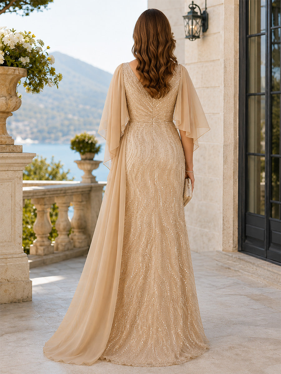 V-Neck Short Sleeves Sequins Beaded A-Line Long Mother of the Bride Dress
