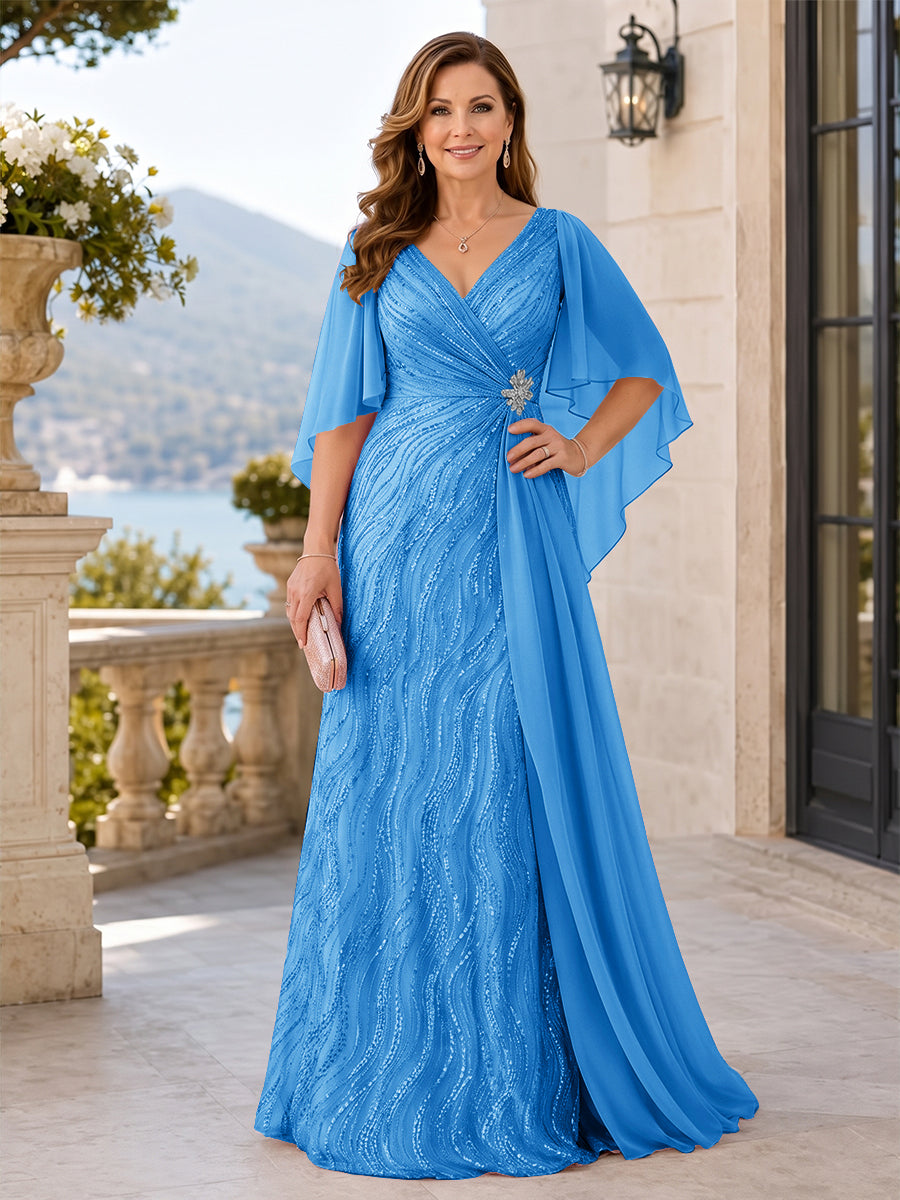 V-Neck Short Sleeves Sequins Beaded A-Line Long Mother of the Bride Dress