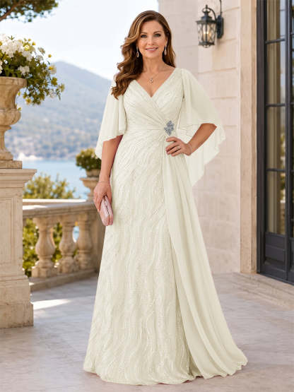 V-Neck Short Sleeves Sequins Beaded A-Line Long Mother of the Bride Dress