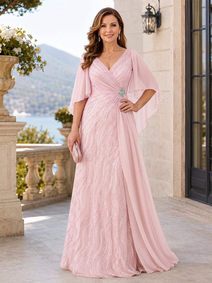 V-Neck Short Sleeves Sequins Beaded A-Line Long Mother of the Bride Dress