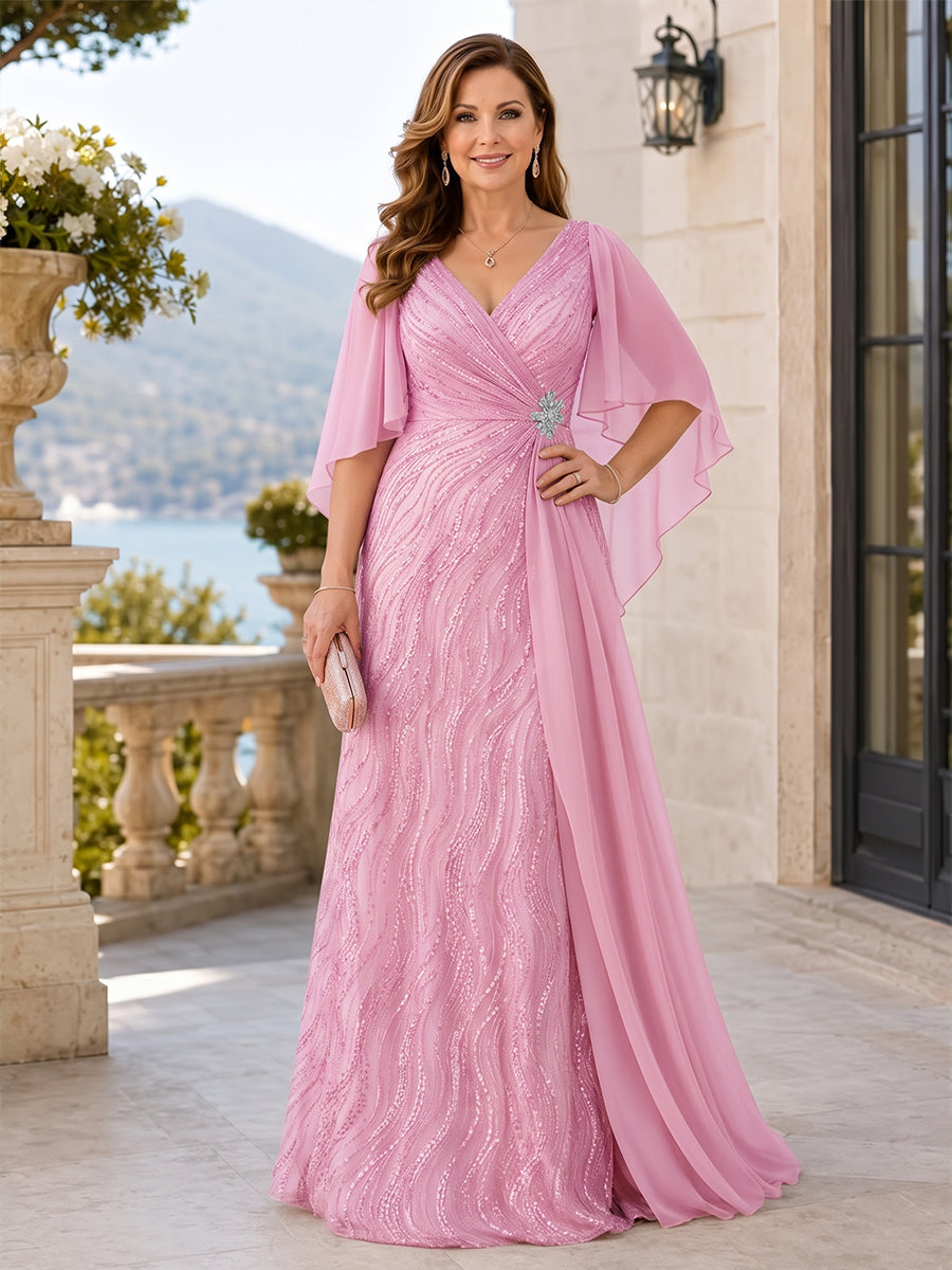 V-Neck Short Sleeves Sequins Beaded A-Line Long Mother of the Bride Dress