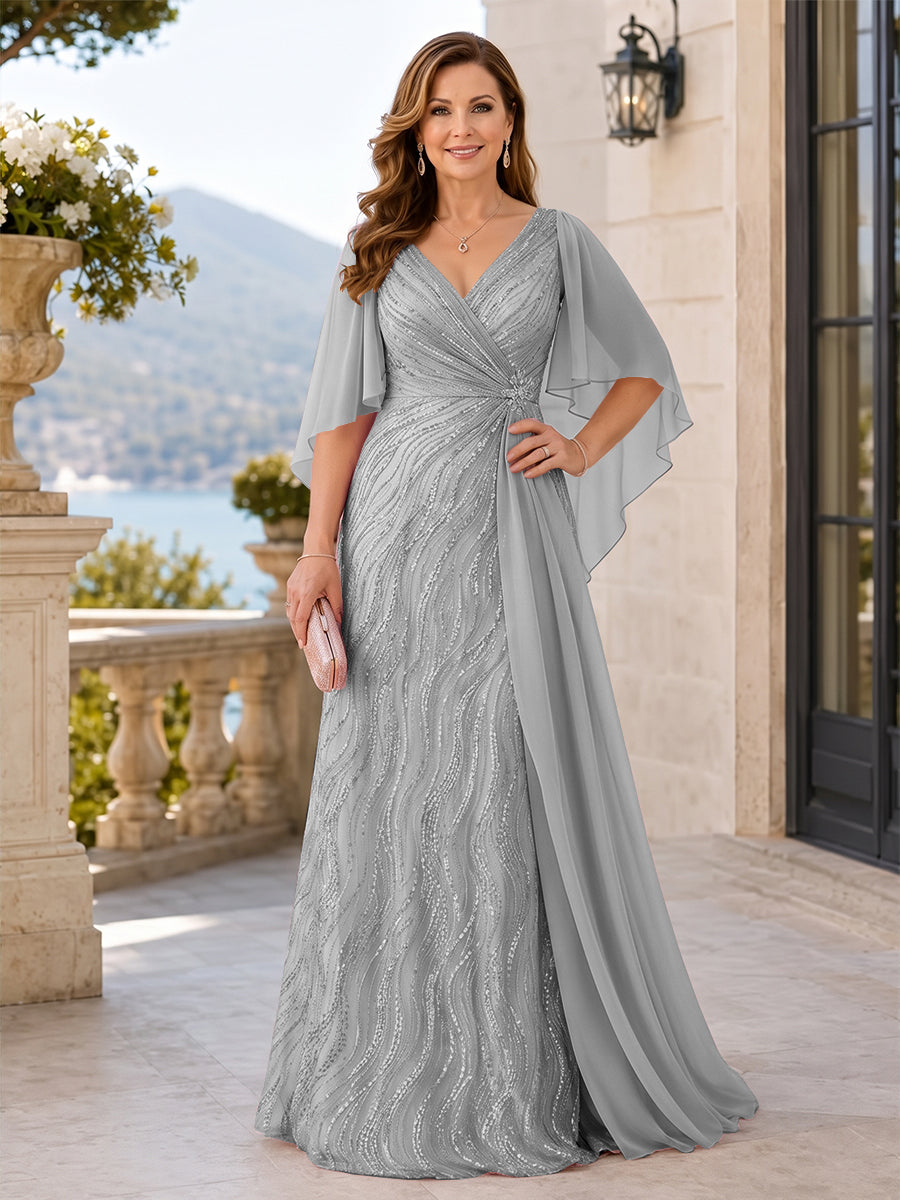 V-Neck Short Sleeves Sequins Beaded A-Line Long Mother of the Bride Dress