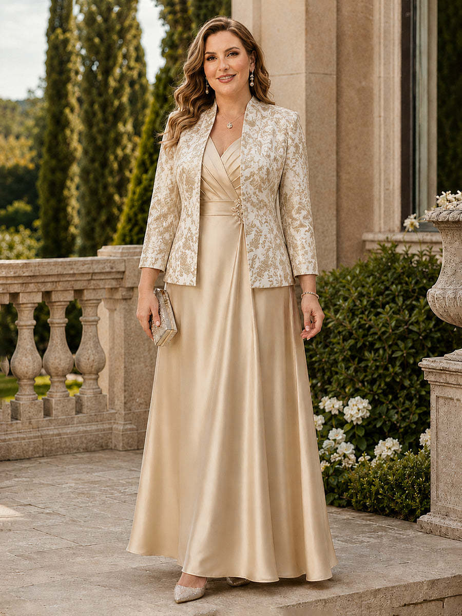 2 Pieces V Neck Satin Jacquard Long A-Line Mother of the Bride Dress