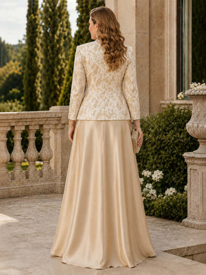 2 Pieces V Neck Satin Jacquard Long A-Line Mother of the Bride Dress