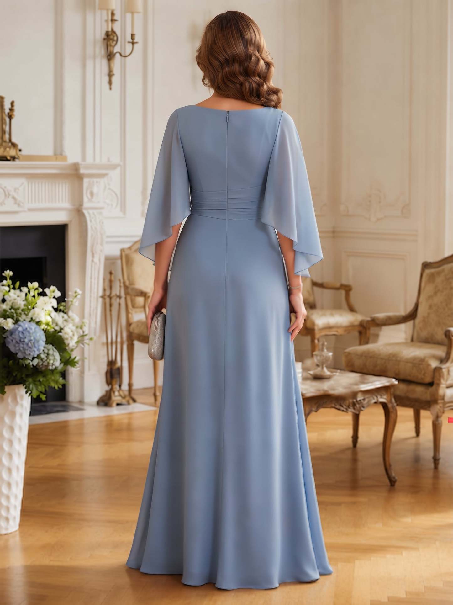 Dusty Blue Chiffon Cowl Neck Long Mermaid Mother of the Bride Dresses