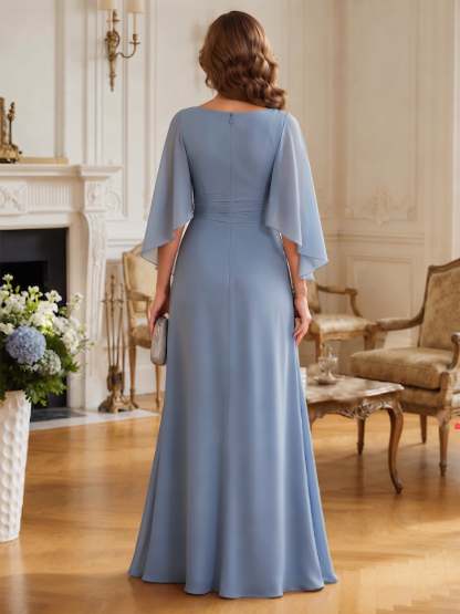 Dusty Blue Chiffon Cowl Neck Long Mermaid Mother of the Bride Dresses