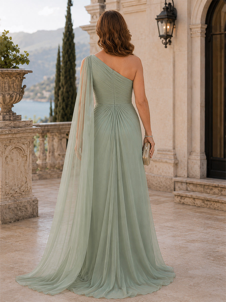 One Shoulder Sleeveless Chiffon Ruched A-Line Mother of the Bride Dresses