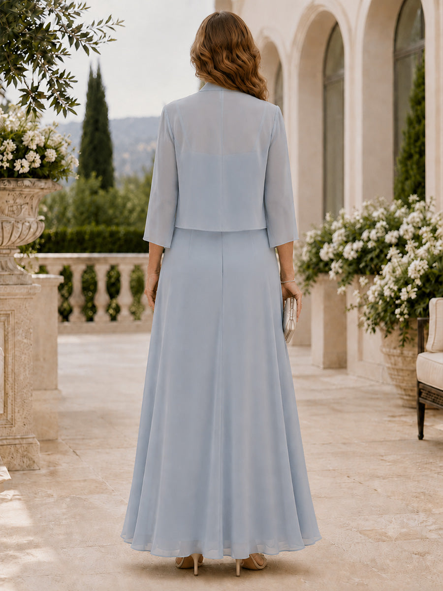 V-Neck 2 Pieces Short Sleeves Chiffon Long A-Line Mother of the Bride Dress