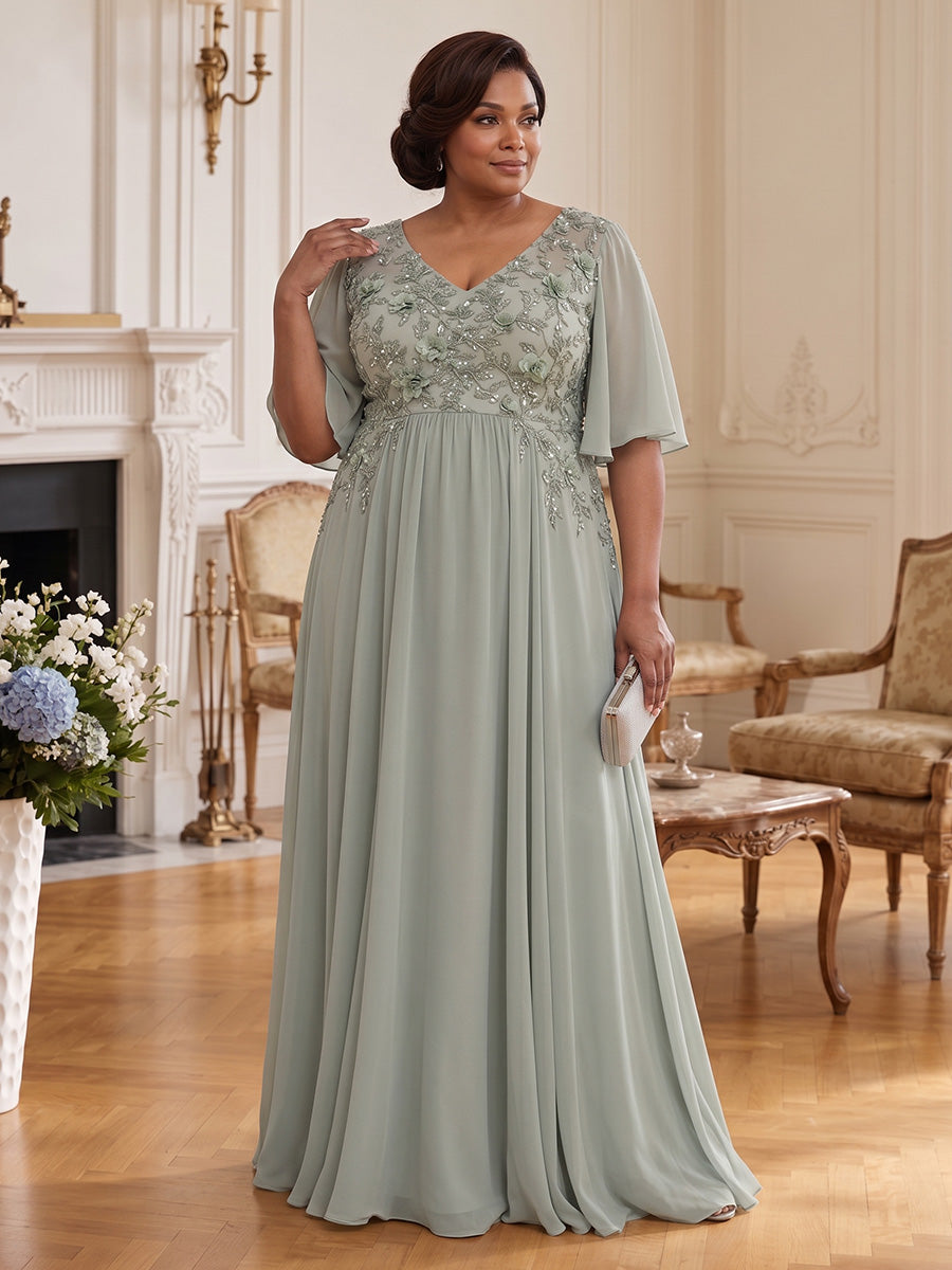 V Neck Long Chiffon A-Line Mother of the Bride Dress with Lace Appliques