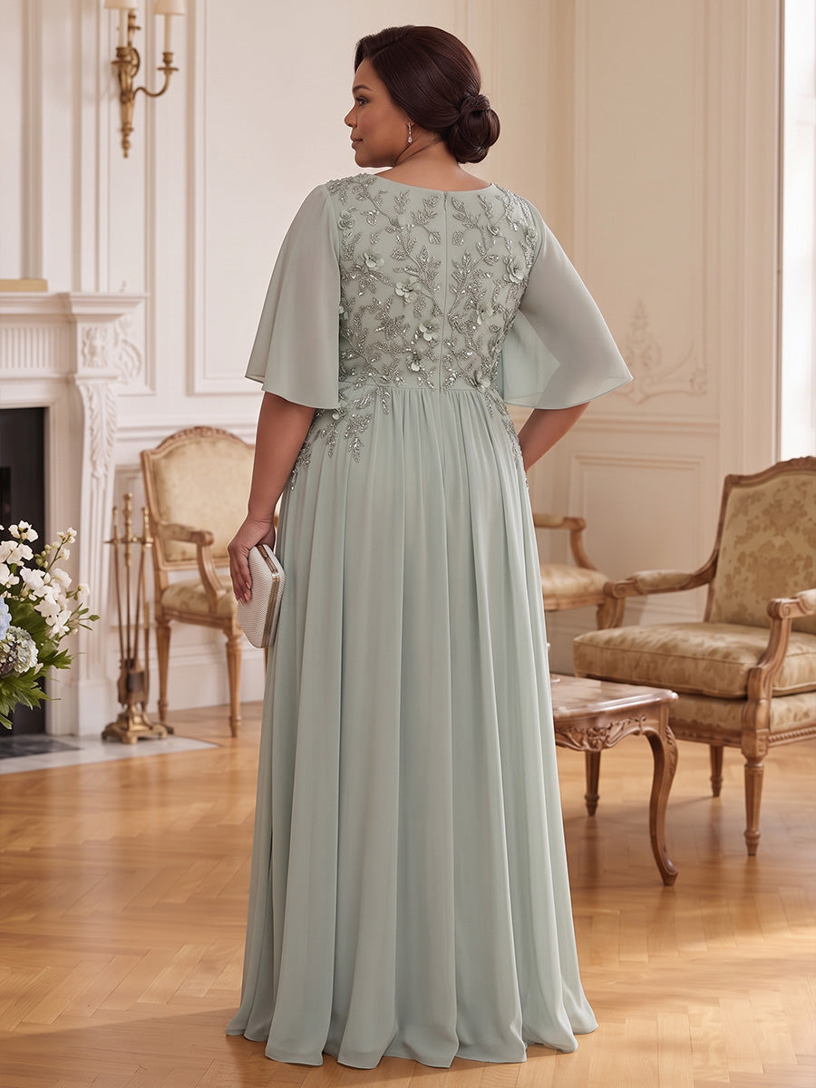V Neck Long Chiffon A-Line Mother of the Bride Dress with Lace Appliques