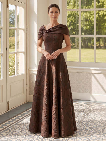 Asymmetric Neck Long Jacquard A-Line Mother of the Bride Dresses