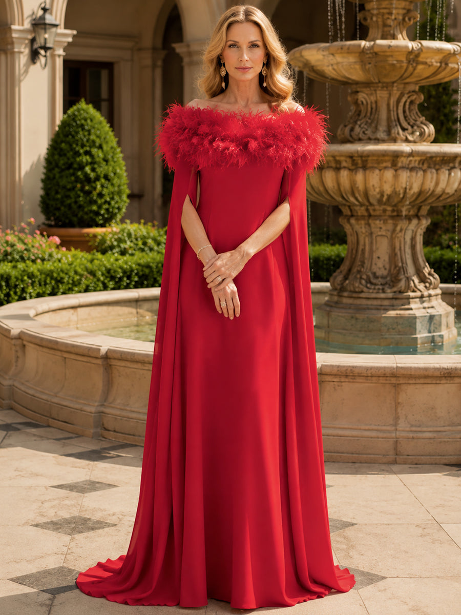 Off-the-Shoulder Chiffon Mermaid Mother of the Bride Dresses with Feathers