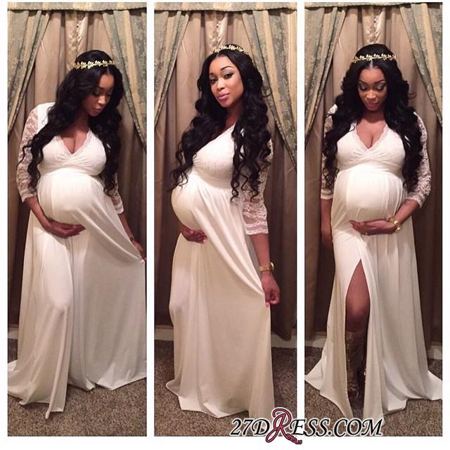 Lace White Newest Sweep-Train Maternity V-neck Front-Split Long-Sleeve Prom Dress UK-27Dress.co.uk