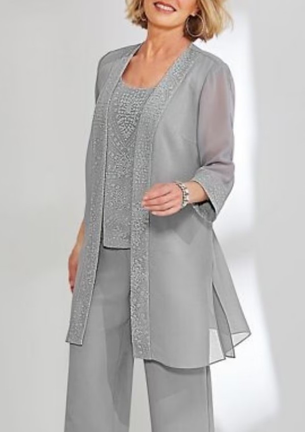 Long Sleeves Slim Silver Mother of the Bride Wear Jump Suit 3 Pieces-27Dress.co.uk