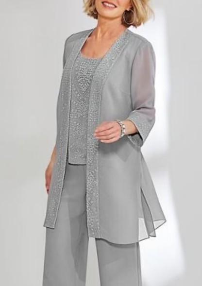 Long Sleeves Slim Silver Mother of the Bride Wear Jump Suit 3 Pieces-27Dress.co.uk