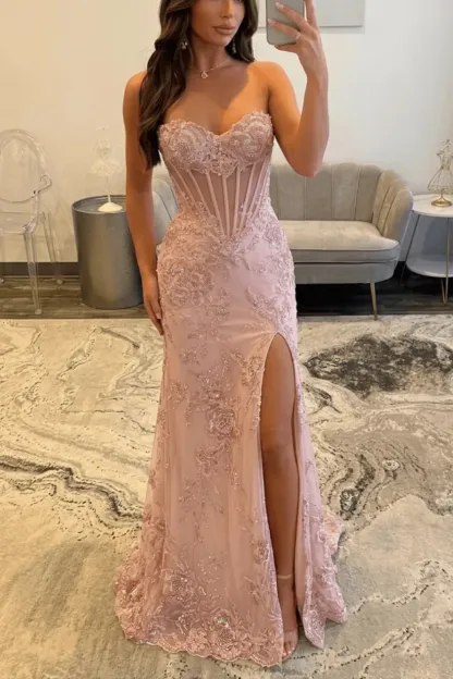 Pink Sweetheart Sequined Lace- up Floor-Length Mermaid Prom Dress with High Split