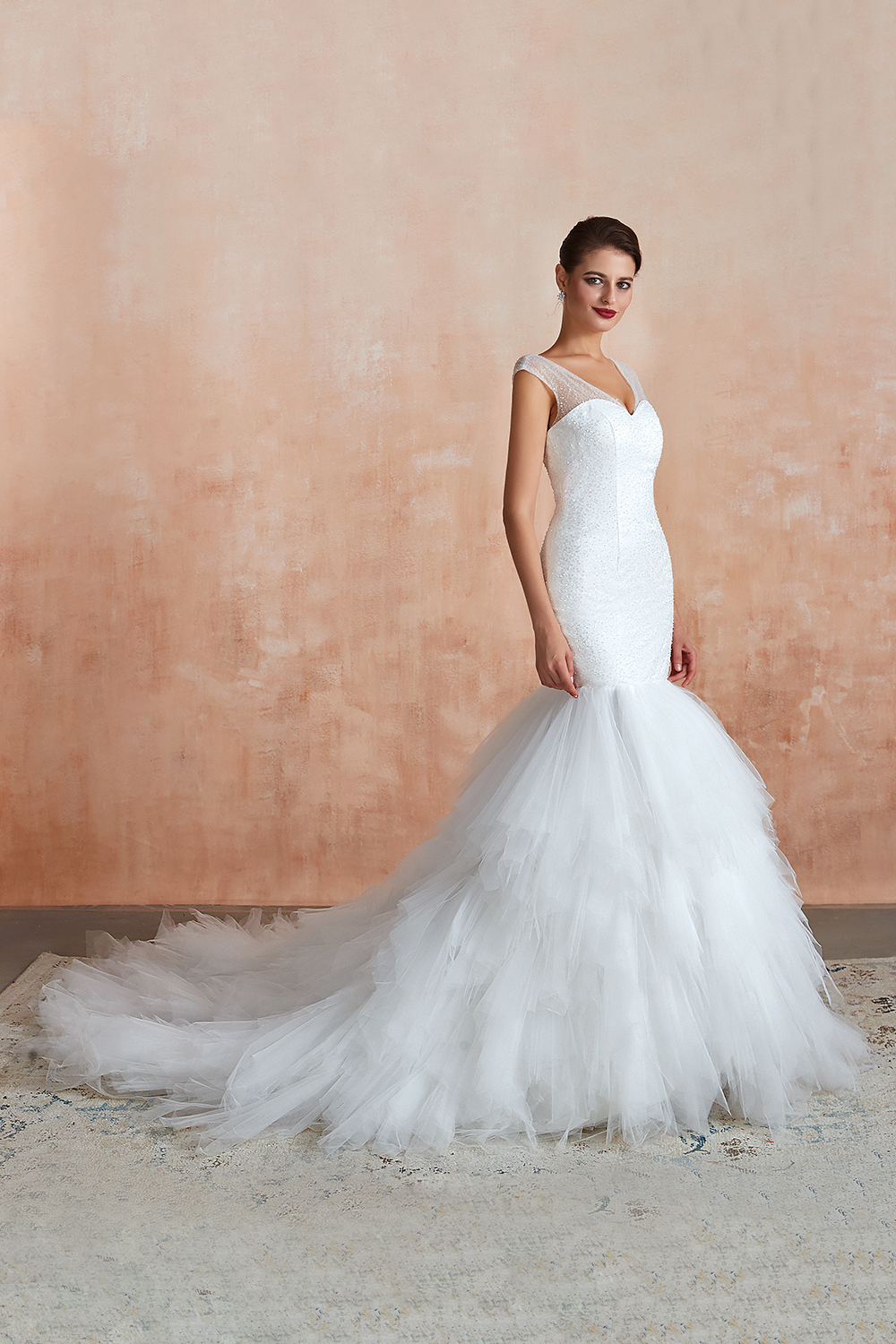 Luxury V-neck Cap Sleeve Beach Low back fitting Bridal Gowns with Sequins-27Dress.co.uk