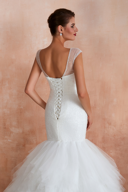 Luxury V-neck Cap Sleeve Beach Low back fitting Bridal Gowns with Sequins-27Dress.co.uk