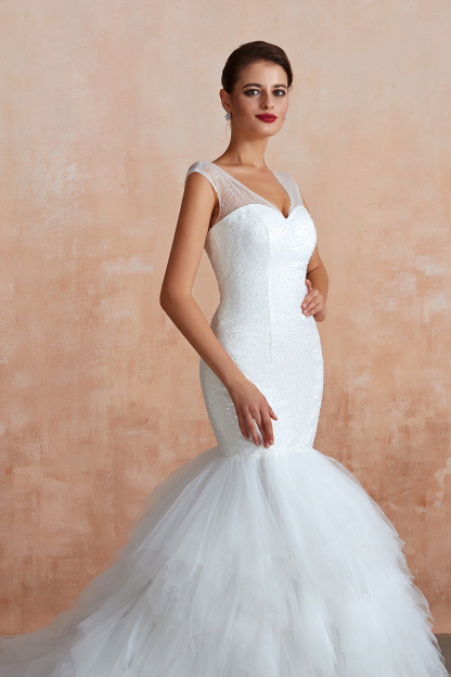 Luxury V-neck Cap Sleeve Beach Low back fitting Bridal Gowns with Sequins-27Dress.co.uk