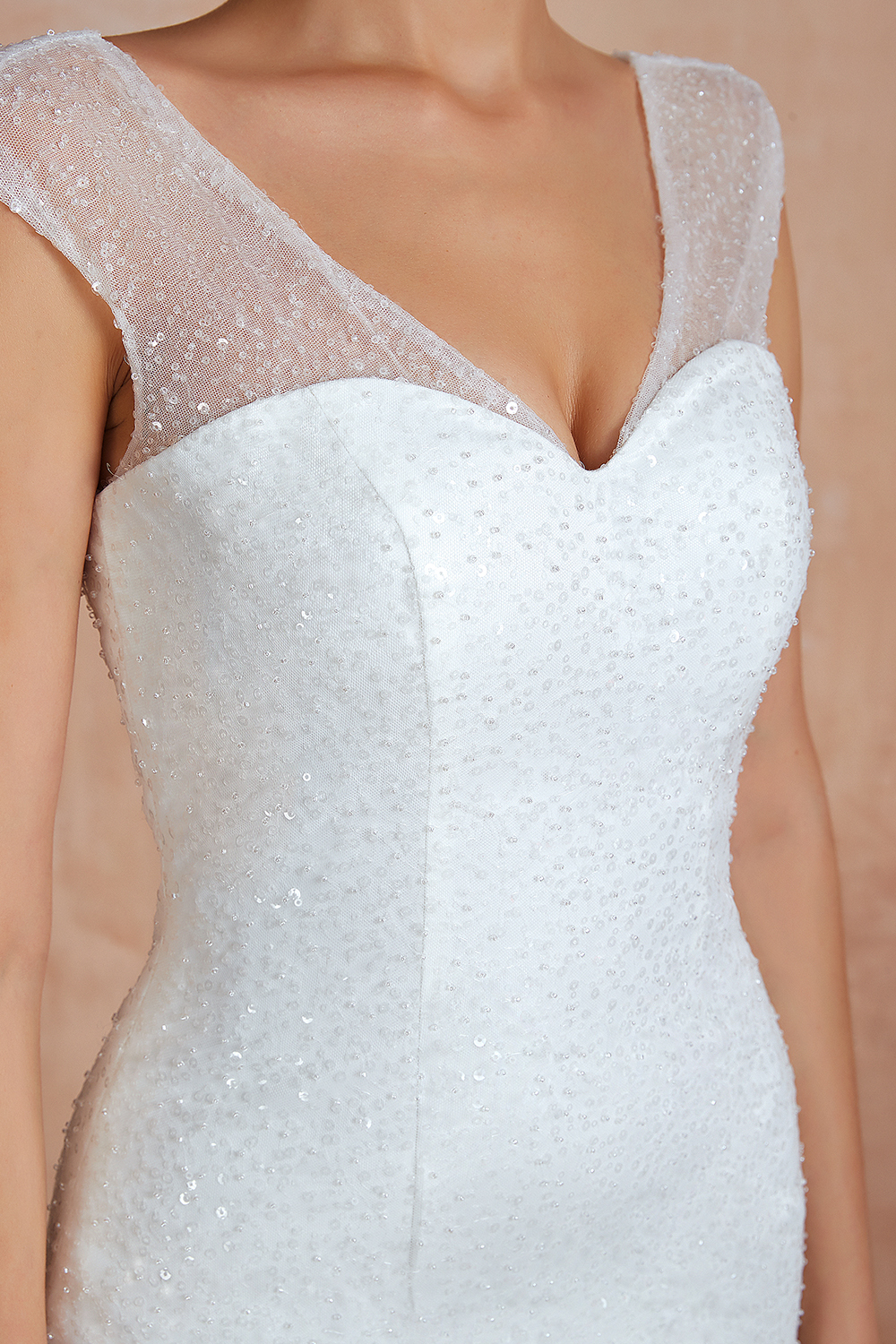 Luxury V-neck Cap Sleeve Beach Low back fitting Bridal Gowns with Sequins-27Dress.co.uk