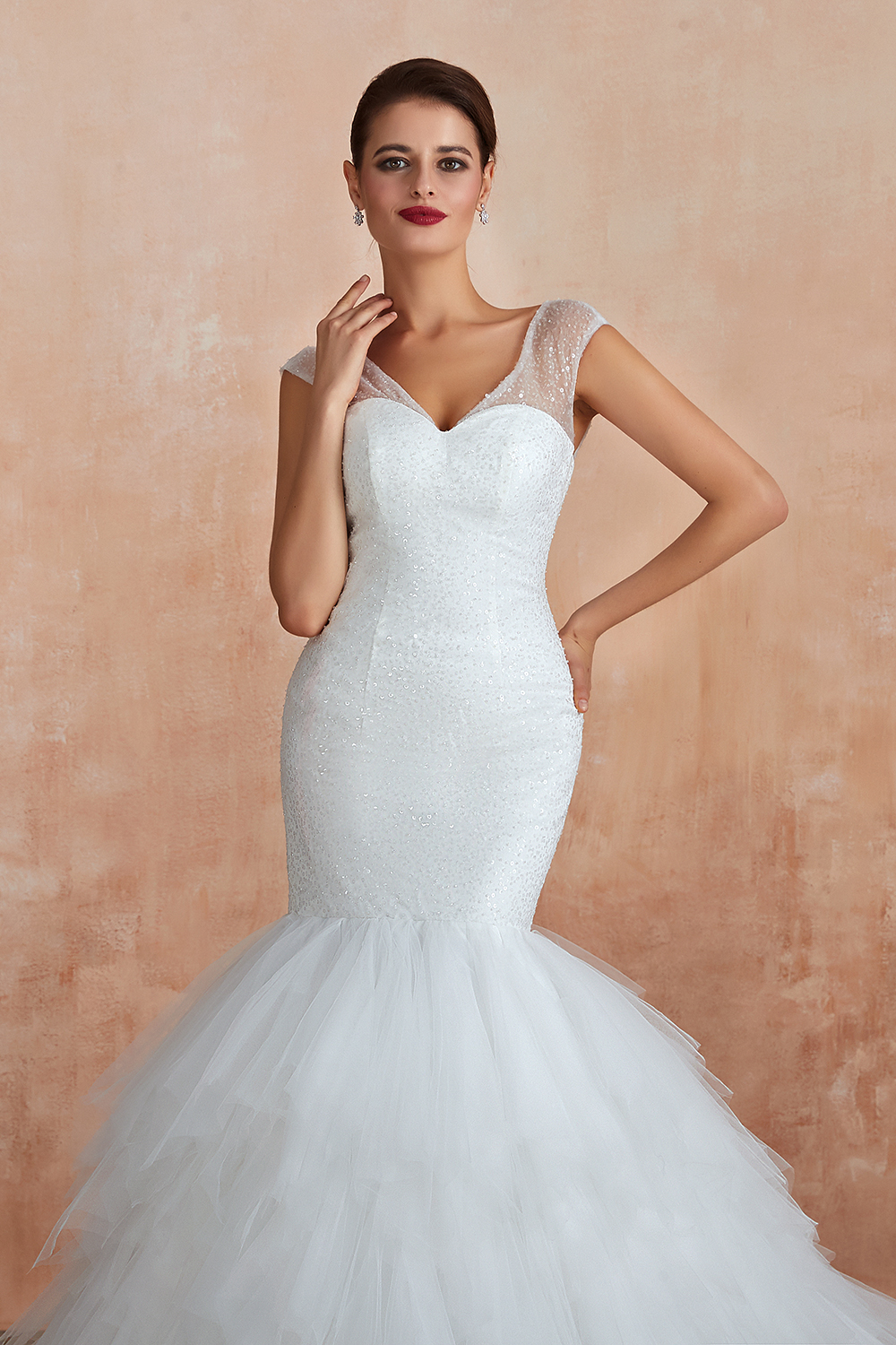 Luxury V-neck Cap Sleeve Beach Low back fitting Bridal Gowns with Sequins-27Dress.co.uk