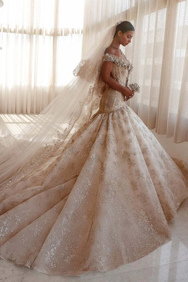 Luxury Off-the-Shoulder Mermaid Wedding Dress Lace with Crystals
