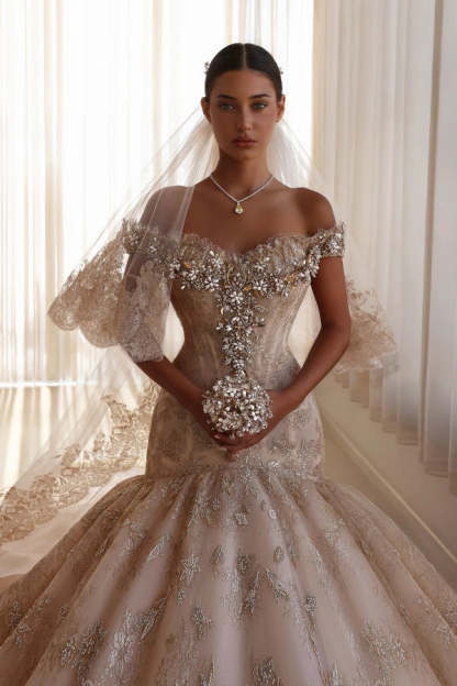 Luxury Off-the-Shoulder Mermaid Wedding Dress Lace with Crystals