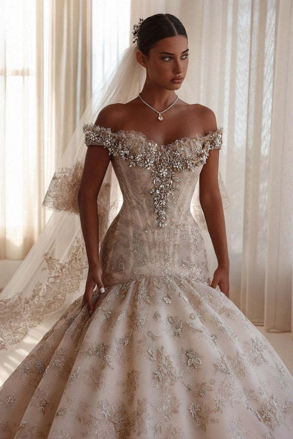 Luxury Off-the-Shoulder Mermaid Wedding Dress Lace with Crystals