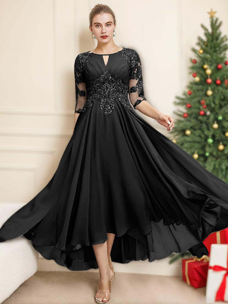 Scoop Neck Tea-Length A-Line Mother of the Bride Dress with Appliques