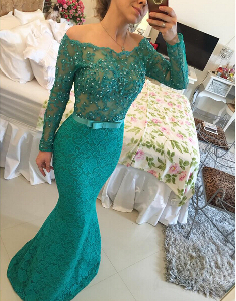 Modern Long Sleeve Lace Mermaid Prom Dress UK Pearls Off-the-shoulder -27Dress.co.uk