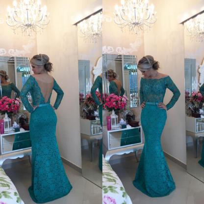 Modern Long Sleeve Lace Mermaid Prom Dress UK Pearls Off-the-shoulder -27Dress.co.uk
