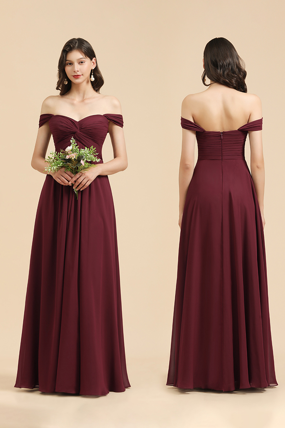 Off-the-Shoulder Ruched Chiffon Bridesmaid Dress Elegant Long Wedding Party Dress-27Dress.co.uk