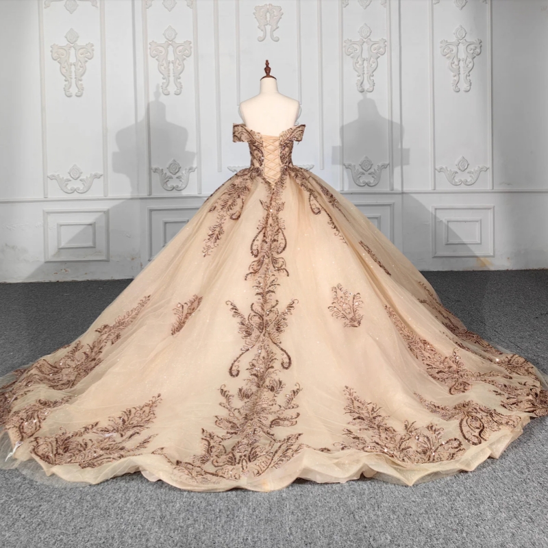 Off-the-Shoulder Gold Appliques Ball Gown Quinceanera Dresses Tulle Sweet 16 Dress