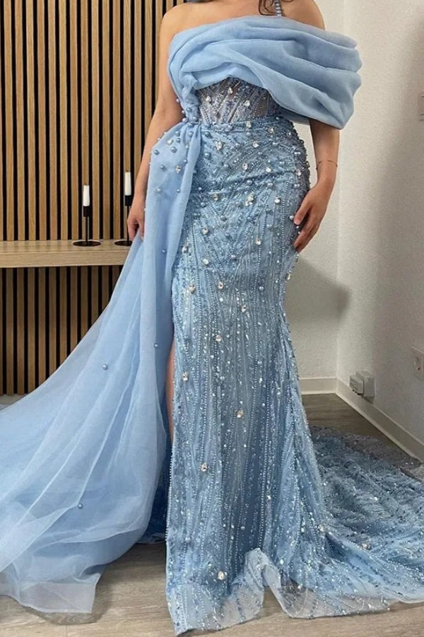 One-Shoulder Sequins Long Mermaid Prom Dress with Chapel Train