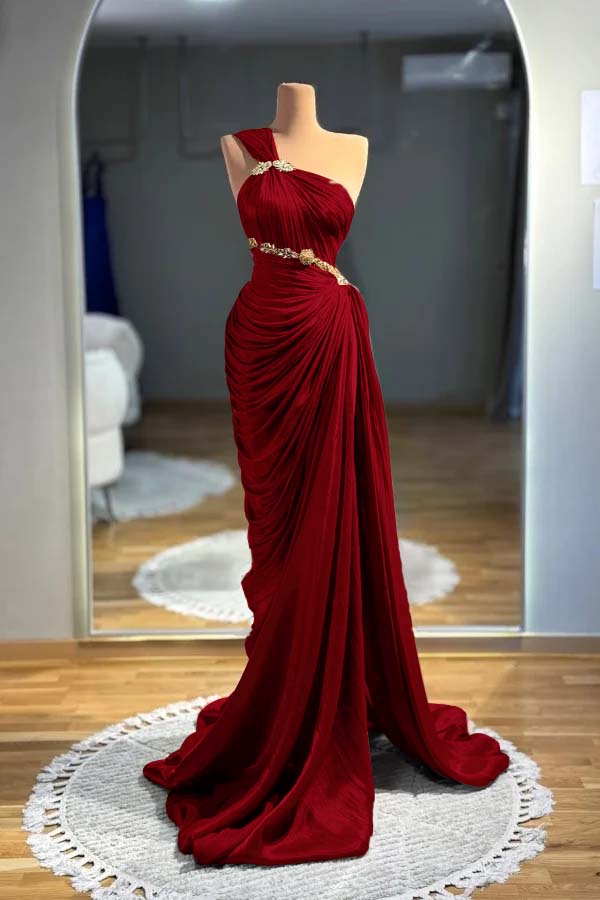 One-Shoulder Sleeveless Long Beaded Ruched Mermaid Evening Gowns